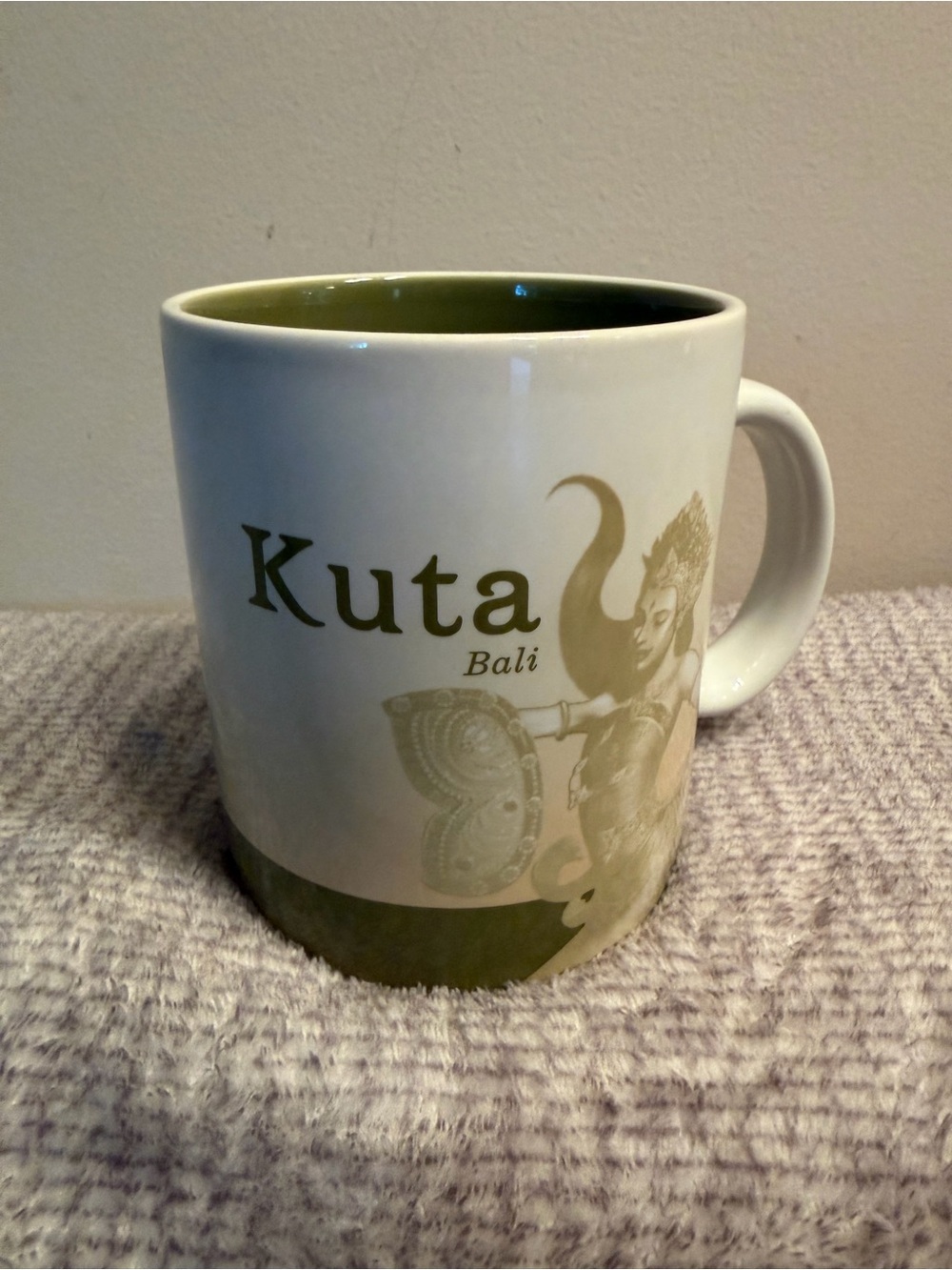 Starbucks Kuta Bali Ceramic Mug 2012 Collectors Series in White and Olive Green